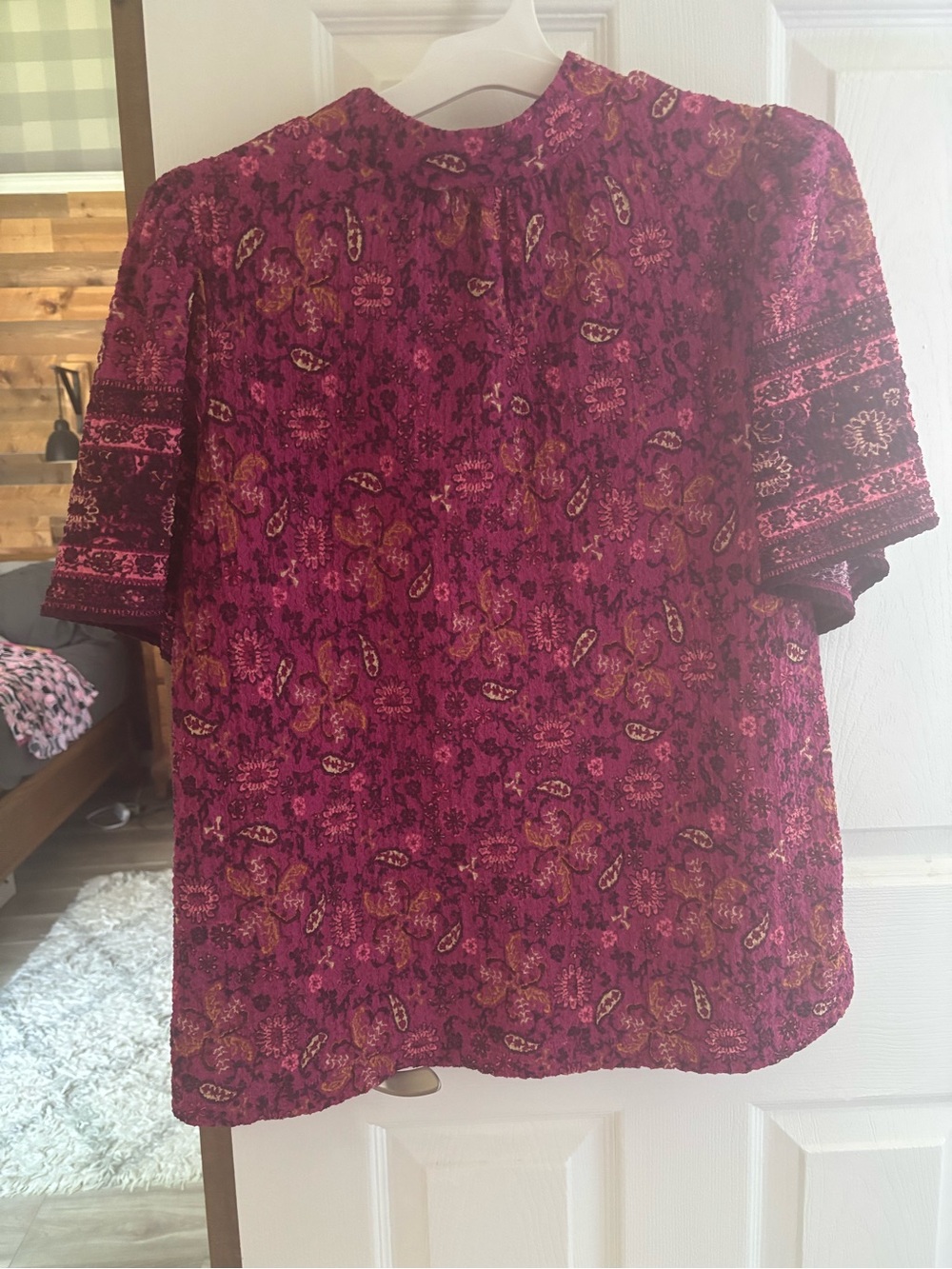 LOFT Fuchsia Paisley Short-Sleeve Textured Top - Picture 3 of 7